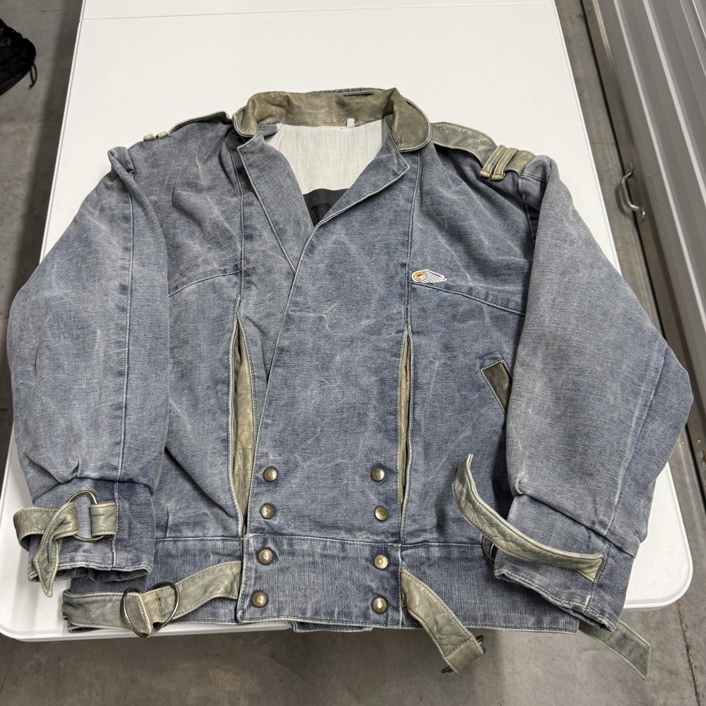 Jeff Hamilton Denim Jacket Mens M Blue Fair Leather Trim Moto Biker Vintage